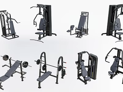 Various Types of Gym Fitness Equipment with Training Machines and Weight Benches 3d model