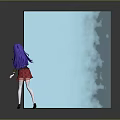 Purple Haired Girl in Black Top Standing Beside Blue Panel With Smoke Effect