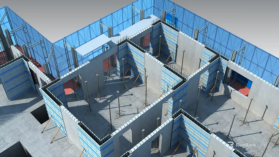 Construction Site With Building Framework Scaffolding And Support Columns Under Construction 3d model