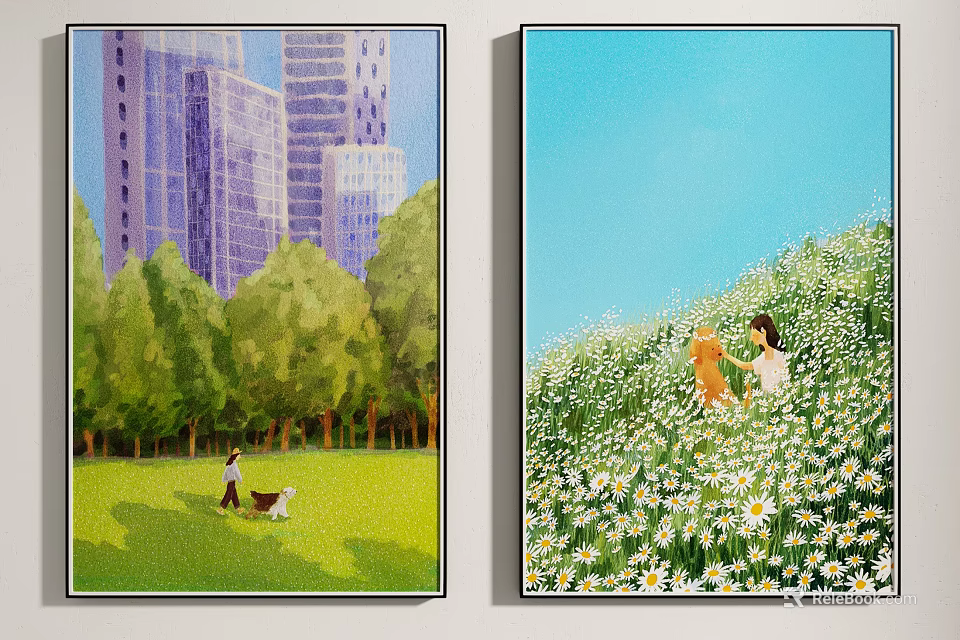 City Park With Tall Buildings And Daisy Field Featuring People And Dogs 3d model 