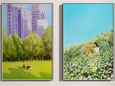 City Park With Tall Buildings And Daisy Field Featuring People And Dogs 3d model