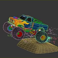 Blue Monster Truck With Flame Graphics And Large Red Tires Jumping Through Dirt Particles