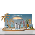 MISTINE Beach Themed Window Display with Palms Striped Umbrella Surfboards Blue Chairs and Funhouse