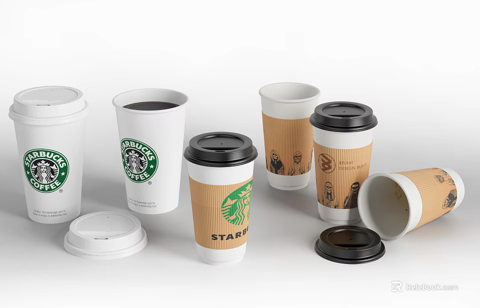 Starbucks Coffee Cups White And Brown With Black Lids And Logo 3d model 