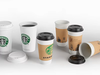 Starbucks Coffee Cups White And Brown With Black Lids And Logo 3d model