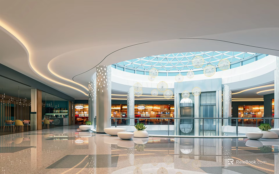 Modern Spacious Shopping Mall Lobby Interior With Glass Dome Escalators And Chandelier Lighting 3d model 