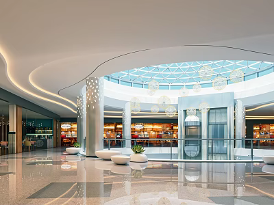 Modern Spacious Shopping Mall Lobby Interior With Glass Dome Escalators And Chandelier Lighting 3d model