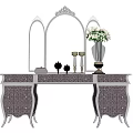 Elegant Dressing Table with Ornate Mirror Silver Accents Drawers and White Flower Vase