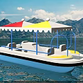 Colorful Umbrella Covered Boat On Calm Water With Mountain Backdrop And Blue Sky