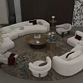 White Irregular Shaped Sofa Living Room With Round Coffee Tables Accent Chairs And Plants