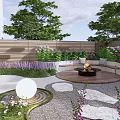 Courtyard Garden Design With Fire Pit Stone Path Lush Plants And Decorative Lights