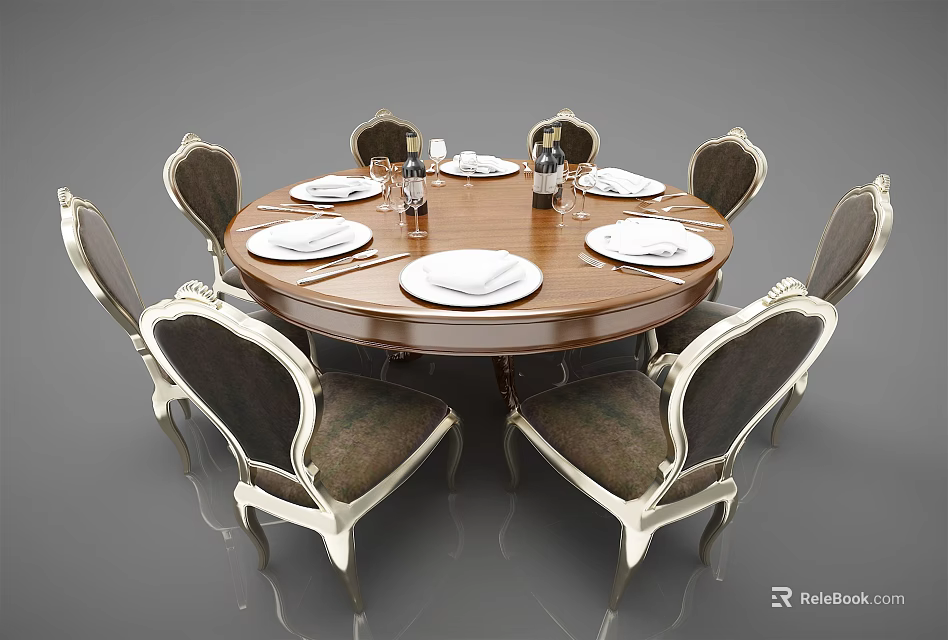 Round Wooden Dining Table Set With Elegant Carved Chairs And Plates 3d model 