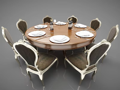 Round Wooden Dining Table Set With Elegant Carved Chairs And Plates 3d model