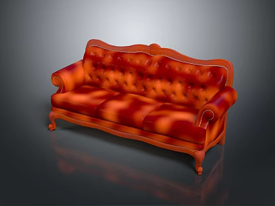 Classic Red Tufted Three-Seater Sofa With Carved Wooden Frame And Curved Arms 3d model