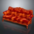 Classic Red Tufted Three-Seater Sofa With Carved Wooden Frame And Curved Arms