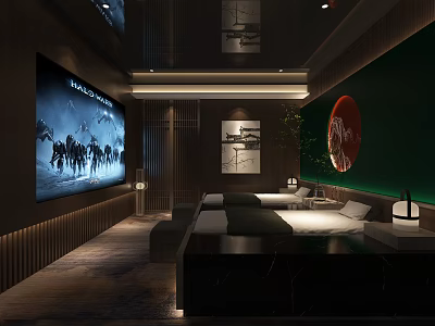 Modern SPA Sauna Interior Design With Large Screen TV Green Plants And Circular Decorative Painting 3d model