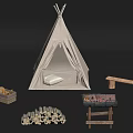 White Tepee Outdoor Setup With Wooden Bench Logs Basket And Cushion
