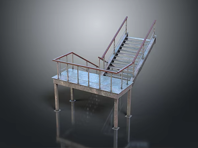 Modern Metal Staircase Design With Railing Platform And Support Columns Structure 3d model