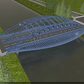 Modern Blue Steel Arch Bridge Spanning Canal With Green Grass Trees And Pathway