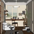 Cozy Study Room Interior With Wooden Bookshelves Desk Chair Potted Plant And Window