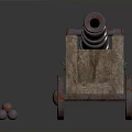 Vintage Historical Weapon Cannon With Rusty Metal Barrel Wooden Carriage And Cannonballs