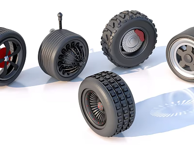 Different Types of Tires Featuring Various Tread Patterns Alloy Rims and Modern Designs on 3d model