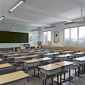 Bright School Classroom With Desks Chairs Blackboard Multimedia Screen Slogans And Windows