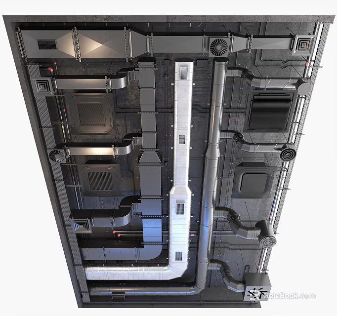 Industrial Air Conditioner Vent System With Metal Ductwork And Building Piping 3d model 