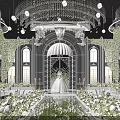 Luxurious Banquet Hall Wedding Setup With Crystal Chandeliers Archway White Flowers And Greenery