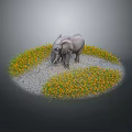 Gray Elephant Standing On Cracked Ground With Yellow Flowers In Yin Yang Shape