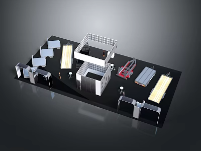 3D Exhibition Booth Layout With Structural Frames Stairs And Lighting Elements 3d model
