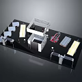 3D Exhibition Booth Layout With Structural Frames Stairs And Lighting Elements