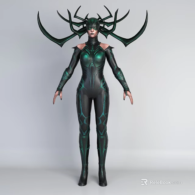 Game Movie Character In Black And Green Bodysuit With Elaborate Green Headpiece 3d model 