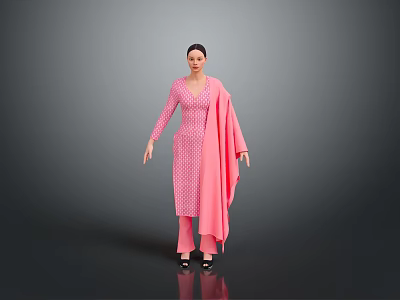 Woman In Pink Patterned Outfit With Long Sleeves And Pink Shawl Black Shoes Gray Background 3d model