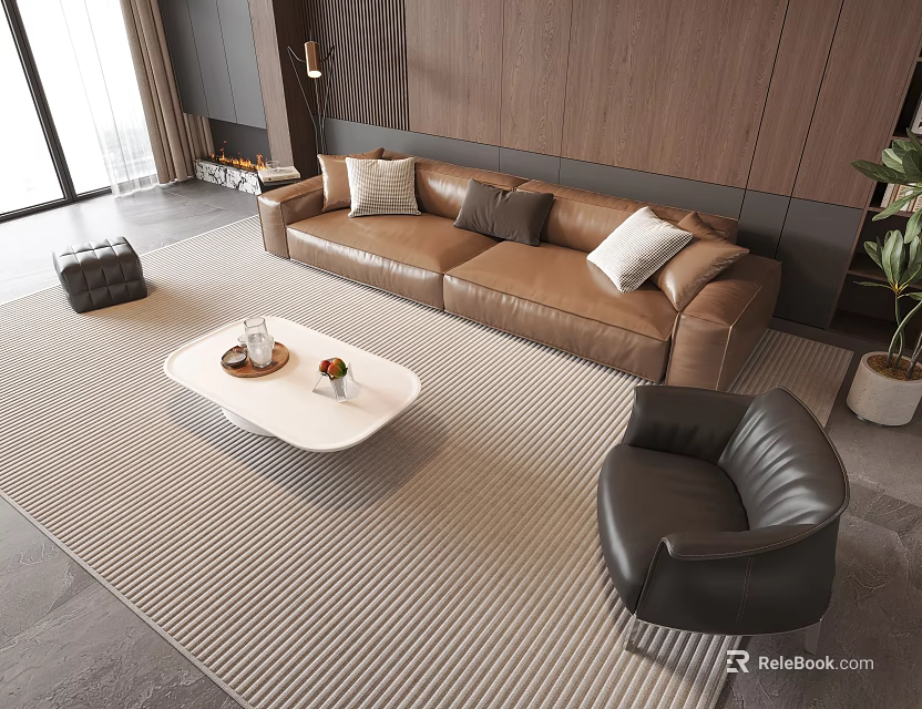Modern Leather Sofa and White Coffee Table Set With Striped Rug and Black Armchair 3d model 