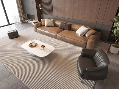 Modern Leather Sofa and White Coffee Table Set With Striped Rug and Black Armchair 3d model