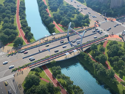Aerial Planning of Urban Development With Bridge Over River Roads Vehicles and Green Trees 3d model