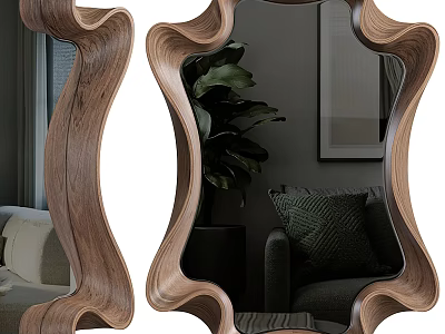 Stylish Wavy Wooden Frame Mirror Reflecting Indoor Plant Sofa And Wall Art 3d model
