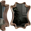Stylish Wavy Wooden Frame Mirror Reflecting Indoor Plant Sofa And Wall Art