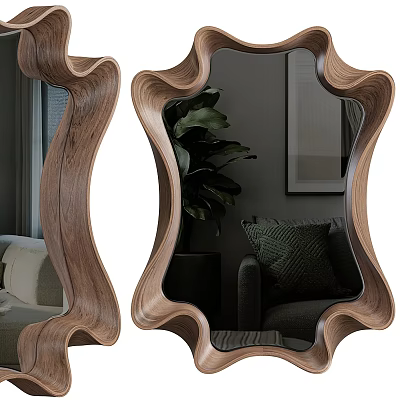 Stylish Wavy Wooden Frame Mirror Reflecting Indoor Plant Sofa And Wall Art 3d model