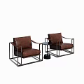 Modern Chair And Table Set With Brown Leather Seats Black Metal Frames And Side Table