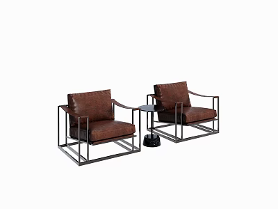 Modern Chair And Table Set With Brown Leather Seats Black Metal Frames And Side Table 3d model