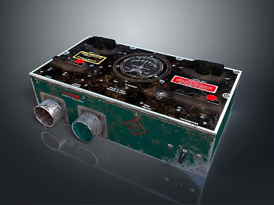 Vintage Green Metal Device With Circular Dial Control Knobs Worn Surface And Warning Labels 3d model