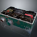 Vintage Green Metal Device With Circular Dial Control Knobs Worn Surface And Warning Labels