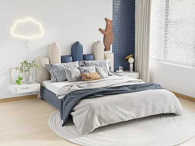 Kids Bed with Blue Beige Cloud Shaped Headboard Brown Bear Decor Cloud Lamp and Pillows 3d model