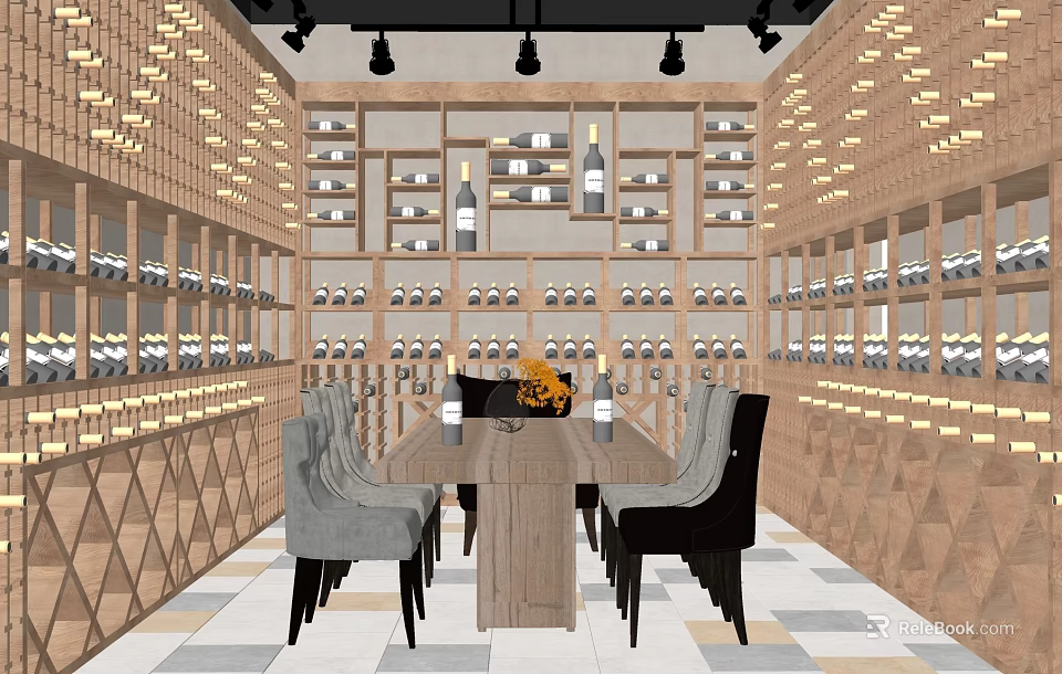 Wine Cellar Interior Design With Wine Racks Dining Table Chairs And Wine Bottles 3d model 