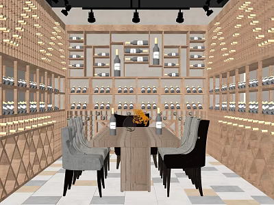 Wine Cellar Interior Design With Wine Racks Dining Table Chairs And Wine Bottles 3d model