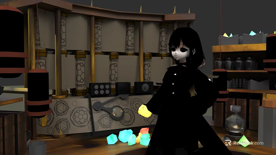 Woman in Black Outfit Standing in Alchemy Lab with Colorful Crystals and Decorative Columns 3d model 