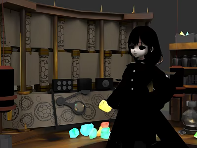 Woman in Black Outfit Standing in Alchemy Lab with Colorful Crystals and Decorative Columns 3d model