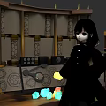 Woman in Black Outfit Standing in Alchemy Lab with Colorful Crystals and Decorative Columns